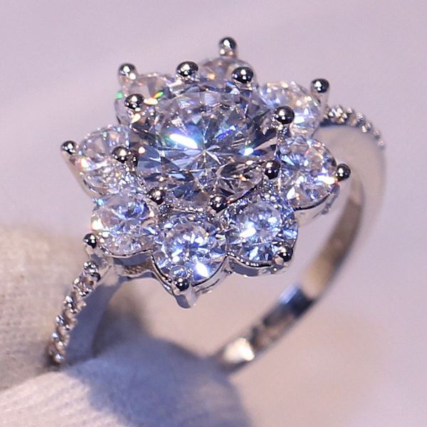 

wholesale stunning luxury jewelry handmade sparkling 925 sterling silver white sapphire cz diamond gemstones women wedding flower ring gift, Slivery;golden