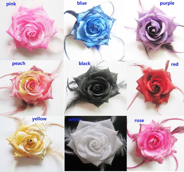 

selling feather flower hair clip & brooch rose flower hair accessories elastic & pin 50pcs /lot ing