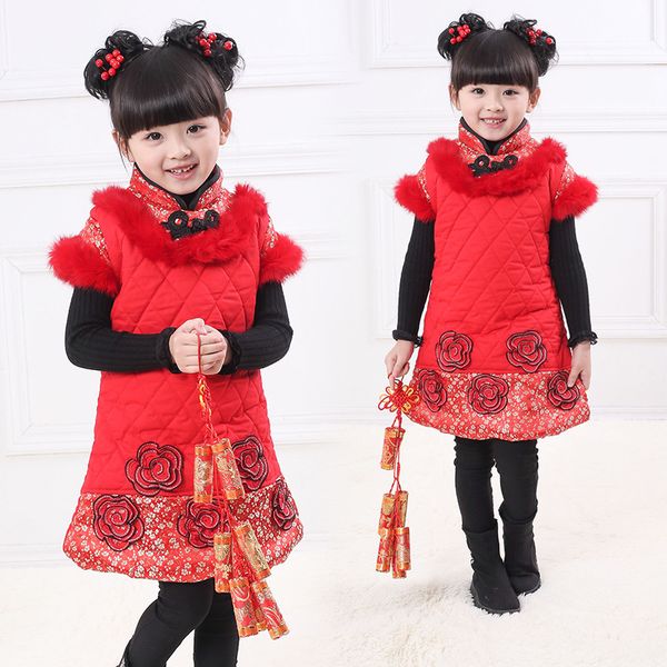 Yeni Yıl Bebek Kız Giysileri Çin Tarzı Yelek Elbise Noel Elbise Çocuk Toddler Çocuk Elbiseler Kalın Kış Sıcak Kırmızı Elbise Kürk Ile