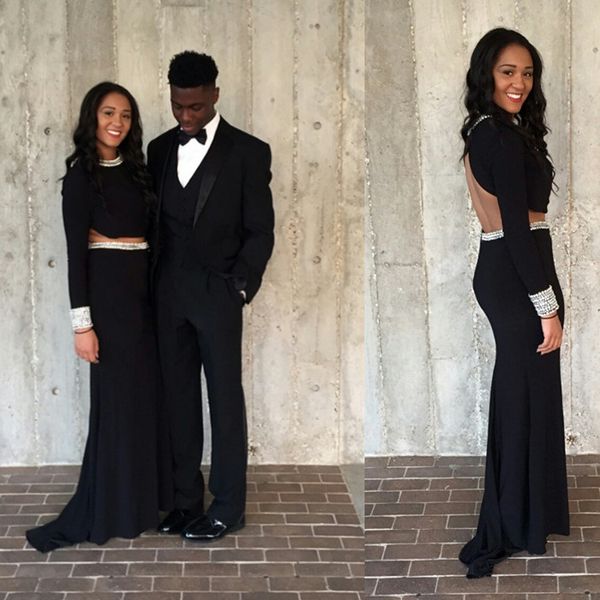

black two pieces sheath long prom dress 2k15 with shining blingbling beading collar long sleeve party gowns floor length evening dresses