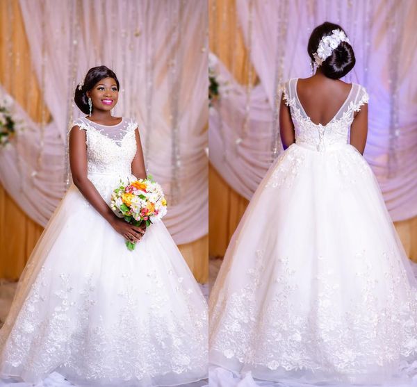 

2018 african arabic cap sleeves wedding dresses plus size sheer neck lace appliques corset back tulle vintage bridal gowns custom made, White