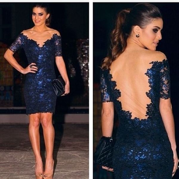

elegant dark blue lace short sleeves backless short mini sheath column cocktail party dresses high quality, Black