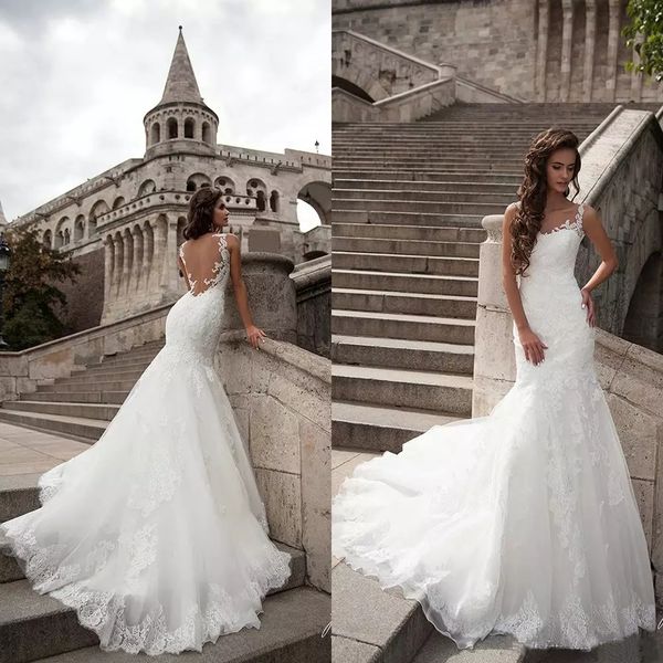 

new full lace mermaid wedding dresses 2018 sheer back appliqued sweep train wedding bridal gowns vestidos de noiva, White