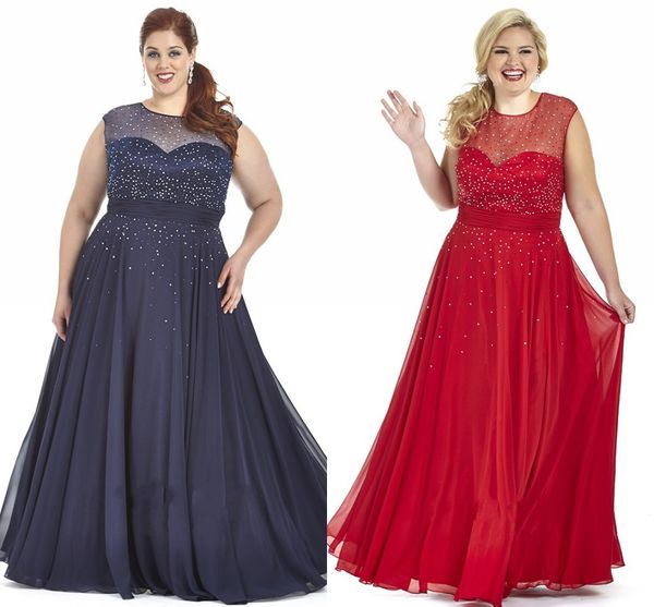 2022 Abiti da ballo taglie forti in chiffon rosso blu navy e abiti per occasioni speciali con paillettes trasparenti Abiti da sera taglie forti con maniche a girocollo trasparenti