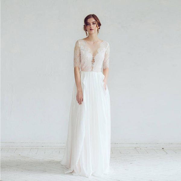 

new deep v-neck beach wedding dresses backless half sleeve appliques lace ciffon bridal gowns vestido de novia, White