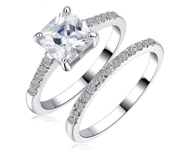 Luxo tamanho 6-10 marca joias de corte princesa ouro branco 10kt preenchido com topázio simulado diamante feminino conjunto de anel de casamento presente com caixa