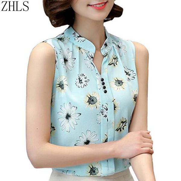 

wholesale- chiffon blouse shirts for women summer sleeveless print femme blouses work wear fashion slim shirt blusas female ladies, White