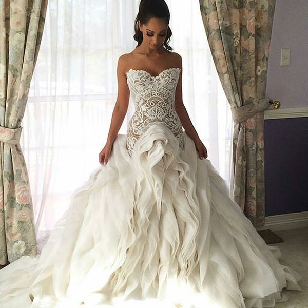 

custom made lace applique sweetheart neckline fold ball gown wedding dresses vintage bridal gowns no sleeve organza plus size arabic dress, White