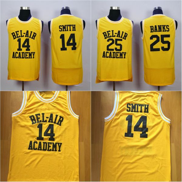 

Mens #14 WILL SMITH BEL-AIR Academy Jersey #25 CARLTON BANKS 100% Stitched Basketball Jerseys Yellow High Quality