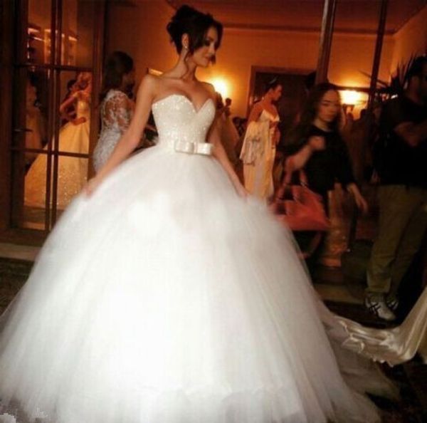 

2019 spring beads crystals wedding dresses ball gown floor length bow tulle princess romantic bridal gowns lace up back custom made, White
