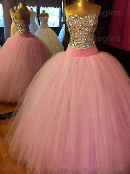 2015 Abiti Quinceanera rosa Abiti da ballo Sweetheart con perline Tulle di cristallo Lunghezza pavimento Sweet 16 Prom Abiti da debuttante QS11