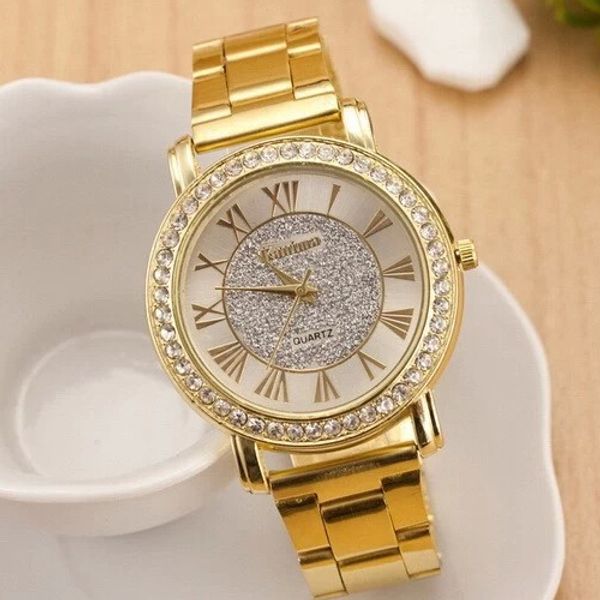 

wholesale-2015 new famous brand gold arenaceous rhinestone casual quartz watch women full steel watches luxury watches, Slivery;brown