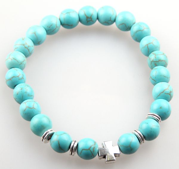 

Hot Sale Jewelry 8mm natural Semi Precious Stone Beads turquoise lava bracelet Antique Silver cross Bracelets for women man gift