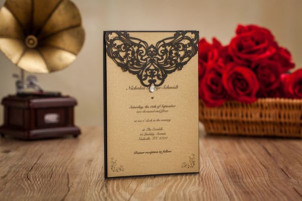 

wholesale- the black dotted hollow gold romantic wedding invitations/wedding invitation custom with rhinestone & laser cut flower