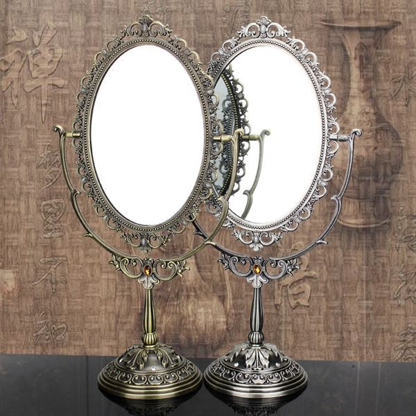 Antique Bronze Pewter Plating With Acrylic Stones Jeweled Carved Oval Shaped Zinc Alloy Framed Double Sided Tabletop Swing Mirror Decorative Bathroom