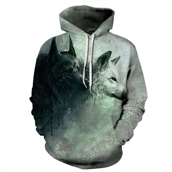

snow wolf digital printing long sleeved sweater couples dress hoodies men/women sweatshirts cap print person hoody hooded tracksuits, Black