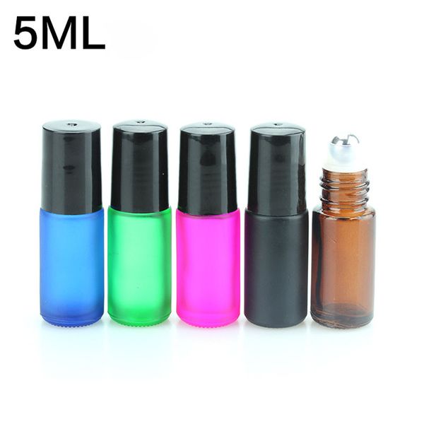 

wholesale thick 5ml pink/ amber/ black/green mini empty roll on glass bottles for essential oil bottle metal roller ball 300pcs/lot dhl