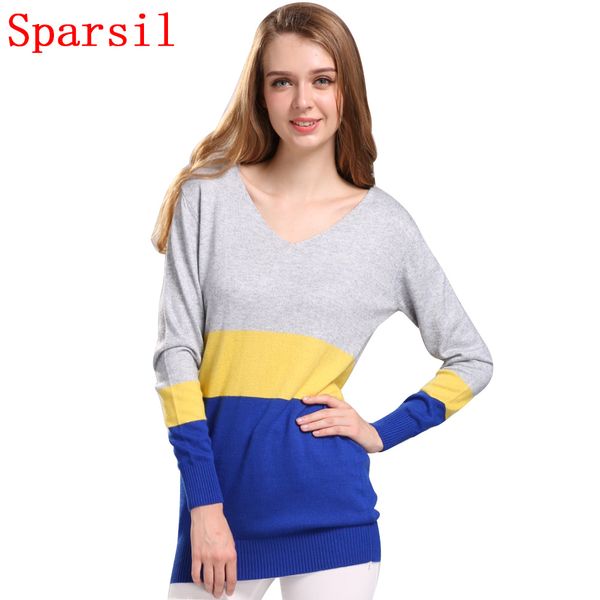 

wholesale- sparsil women's autumn cashmere blend pullovers v-neck long knitted sweaters patchwork full sleeve knitwear, White;black