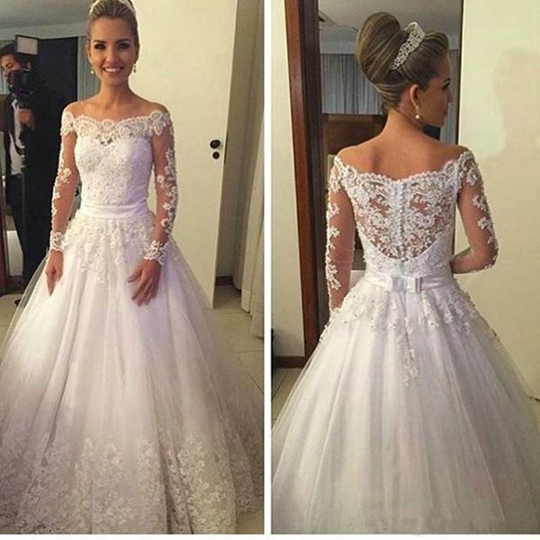 

vestidos de noiva lace wedding dresses 2019 bateau long sleeves ball gown bridal gowns appliques ribbon buttons back custom wedding gowns, White