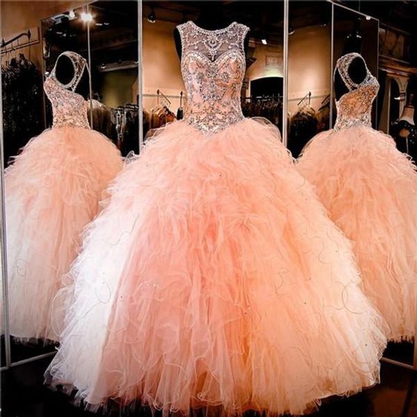 

коралловый персик прозрачные платья quinceanera кристалл бисероплетение горный хрусталь раффлед бальное платье из тюля сладкое 16 на шнуровк, Blue;red