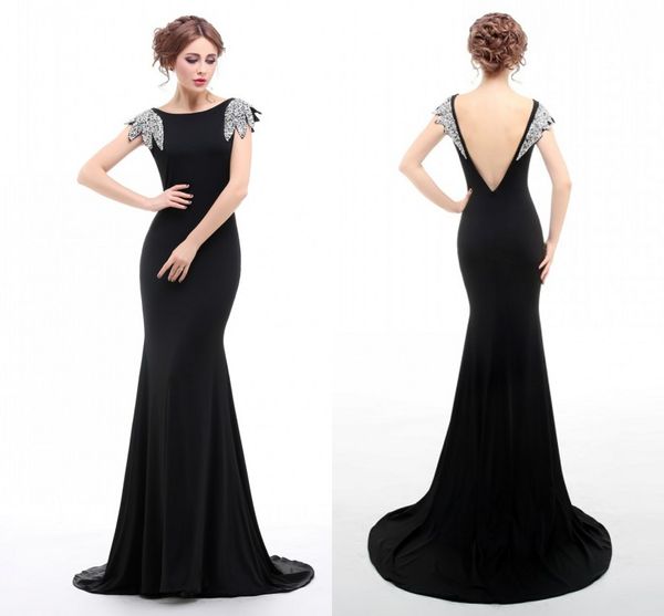 

real p elegant black sheath prom dresses cap sleeves with sequins mermaid sweep train formal gowns backless party dresses under $100