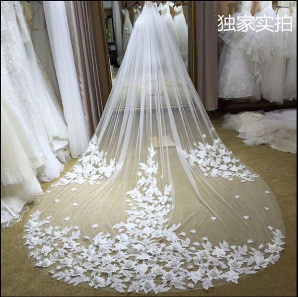 

3m long cinderella court tulle wedding veils one layer same color as picture 3d artificial floral bridal veils, Black