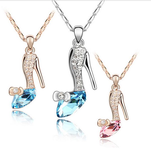 

trendy gold/silver plated crystal cinderella glass slipper pendant necklace jewelry for women