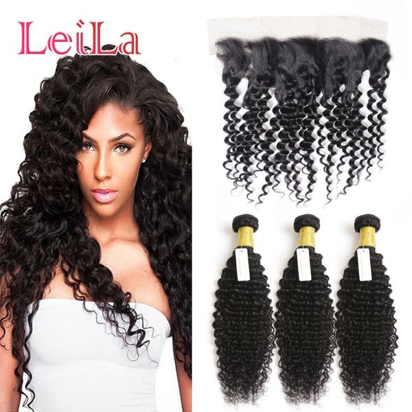 

mongolian 3 bundles with 13x4 lace frontal deep wave 100% unprocessed human hair 4pieces one lot wefts with closure, Black;brown