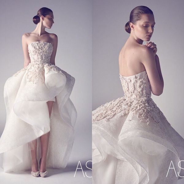 

2015 saudi arabic style wedding dresses ashi studio vintage strapless a-line high low ruffles backless bridal gowns with embroidery tiered, White