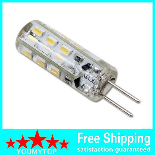 Alta qualidade Dimmable G4 LED 12V 24 LEDs 3014 Lâmpada de silicone da microplaqueta DC12V luz de milho de cristal 3W bulbo de iluminação 30pcs / lote