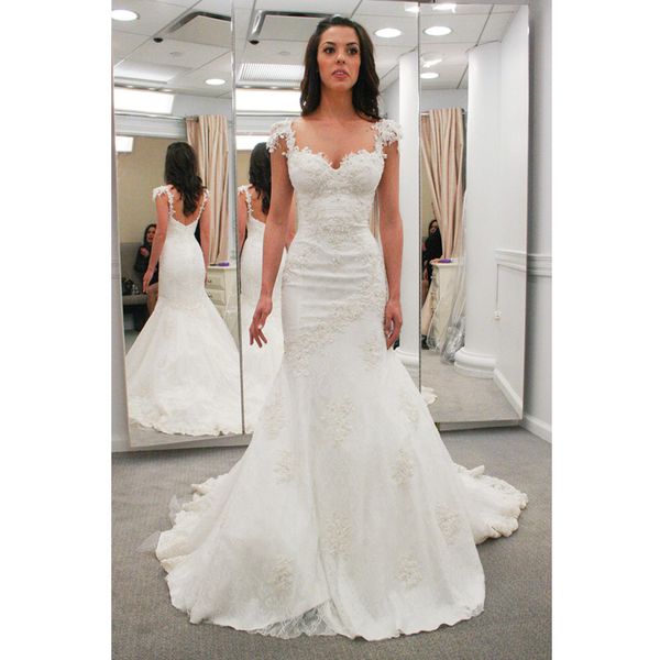 

2020 mermaid wedding dress sweetheart backless cap sleeve appliques lace bridal gowns vestidos de novia, White