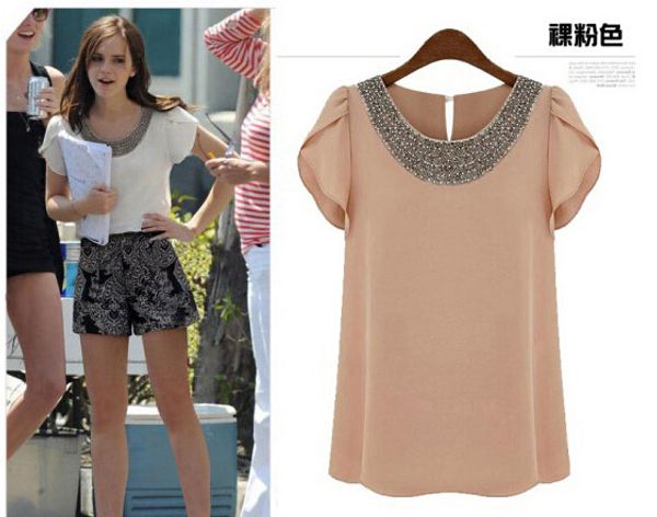 

EU New fashion women Loose Big size chiffon casual vintage Blouses/Beading O-neck,Pullover summer