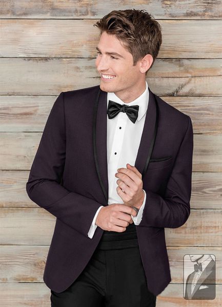

dark purple tuxedos slim fit mens wedding suits one button groom wear two pieces formal suit(jacket+pants+bow tie), Black;gray