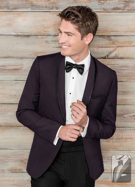 Smoking viola scuro Abiti da sposa da uomo slim fit Abiti da sposo con un bottone Due pezzi Abito formale economico (giacca + pantaloni + papillon)