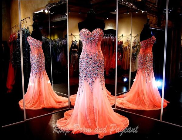 

2016 real pictures sparkling mermaid prom dresses evening gowns with crystals sweetheart chiffon beaded glitz pageant dress with rhinestones, Black;red