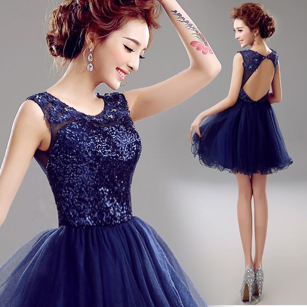 

2021 short evening dresses dark navy jewel sleeveless sequins cocktail party dresses open back prom dress, Black;red