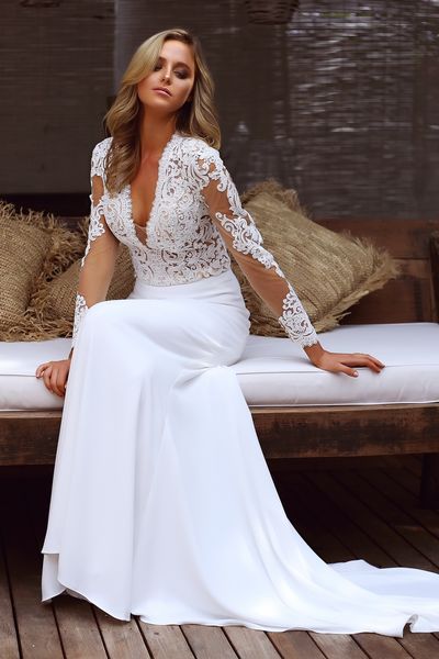 

2018 deep v neck wedding dresses mermaid with lace long sleeves country style chiffon illusion designer wedding dresses bridal gowns, White