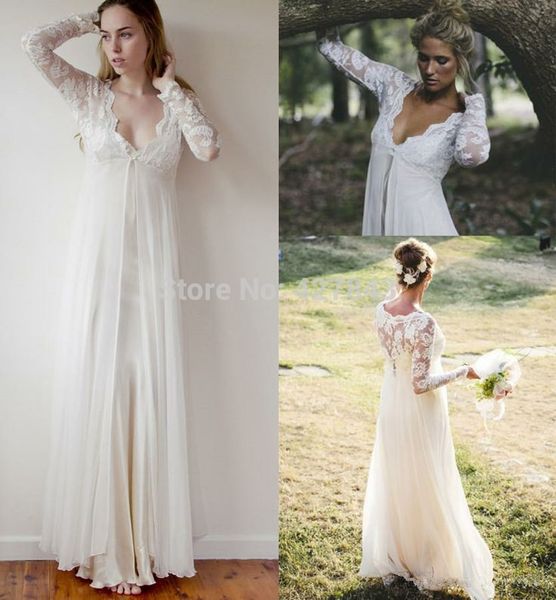 

simple bohemian wedding dress lace long sleeves long floor length chiffon summer wedding dress custom made, White