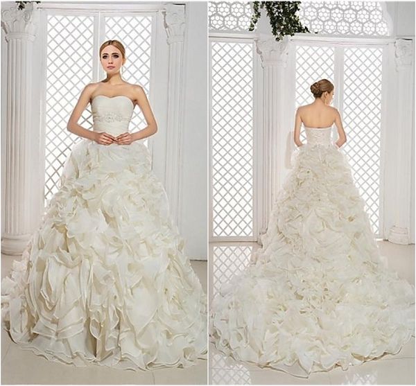 

2016 new fashion elegant ball gown chapel train ivory sweetheart lace-up organza/satin wedding dresses 150, White