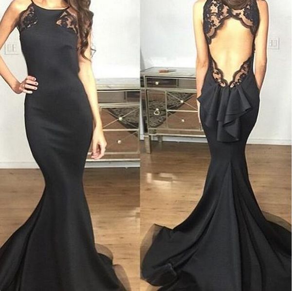 

new design backless black evening dresses jewel neck lace satin mermaid sweep train 2019 fashion party gowns custom made e237, Black;red