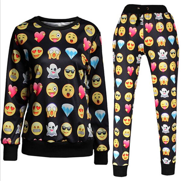 

wholesale-women winter jogger sets 2015 fashion 3d printed emoji jogger set crewneck sweatshirt men clothing funny hoodie clothes bx2073, Black