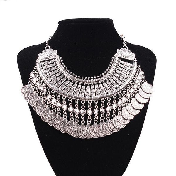 

Top Grade Bib chokers Necklace Gypsy Bohemian Beachy Chic Silver Coin Statement Necklaces Boho Fringe Ethnic Turkish India Tribal Free 0251W