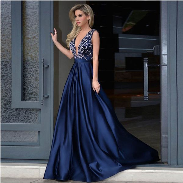 

glamorous a-line prom dressdeep v-neck sweep train royal blue long dresses party evening with beading vestidos de fiesta, Black