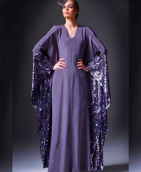 Venda quente Roxo Com Decote Em V Longo Arábia Saudita Vestidos de Noite A Linha Dubai Kaftan Prom Vestidos Chiffon Lantejoulas Vestido de Festa Vestidos d027