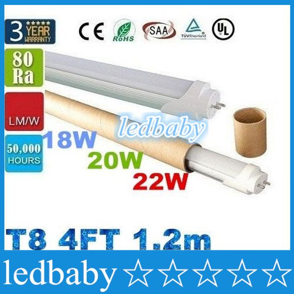 

4ft 1.2m 1200mm t8 led tube 18w 20w 22w warm/natraul/cool white led fluorescent lamp ac 110-240v ce rohs