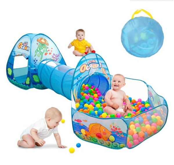 Tenda da gioco per bambini Tunnel Ball Pit con canestro da basket Cartone Ocean Animals 3 in 1 Set Pop-up Easy Open Fold Cubby Tube Teepee