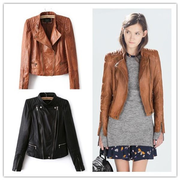 

wholesale-leather jacket women fashion mandarin collars bomber supernova shorts coat leather jaqueta couro casual dress pattern, Black