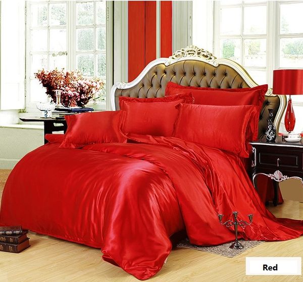 

silk bedding set red super king size  full twin fitted satin bed sheet duvet cover bedspread doona quilt double single 6pcs