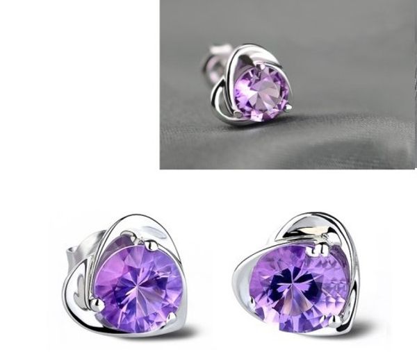 

new women 925 sterling silver earring stud purple white crystal heart shape 925 silver stud earrings silver jewelry wedding party giftml, Golden;silver