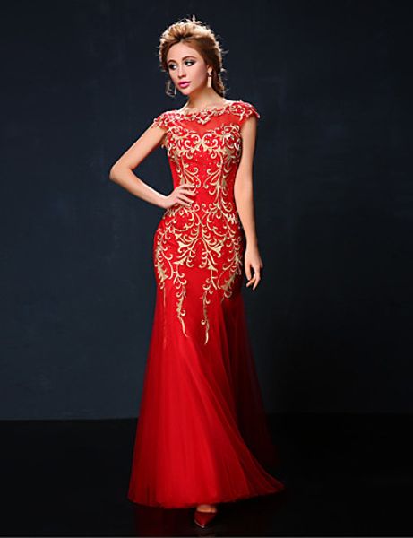 

2016 prom dresses ruby trumpet/mermaid jewel embroidery floor-length tulle women evening dresses 032, Black;red